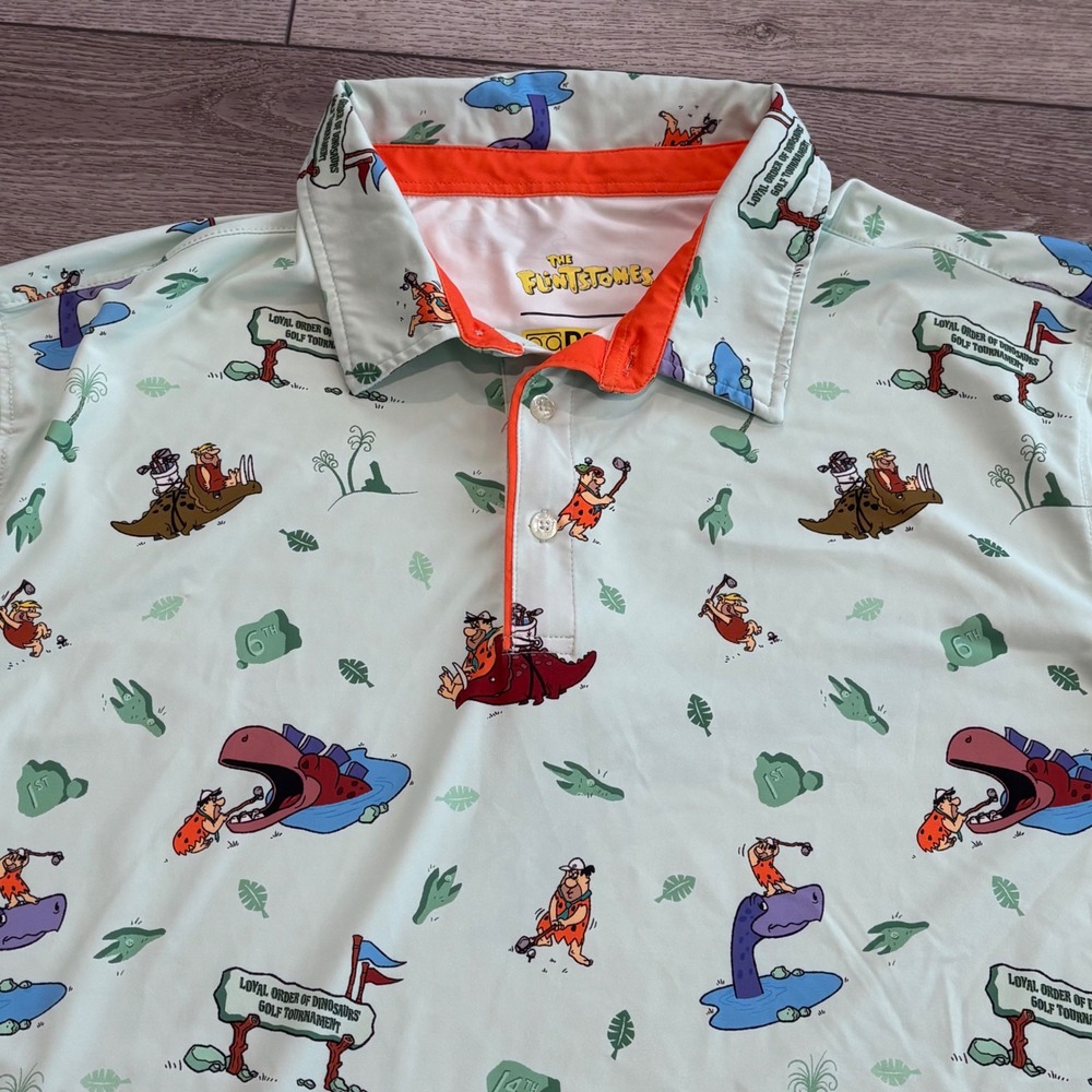 RSVLTS Polo Shirt Mens 2XL The Flintstones Breakfast Balls Golf Colorful Pattern